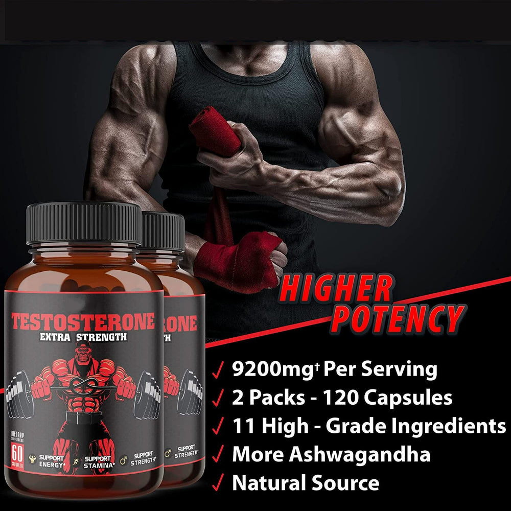 Testosterone Extra Strength Supplement | Energy, Stamina & Strength Support | Lab Tested | 60 Capsules | Organic Wellness Hub