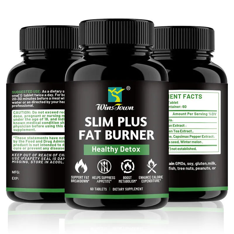 WinsTown Slim Plus Fat Burner 3 Pack Bundle | 180 Tablets | Healthy Detox | Green Tea and Capsimax Pepper Extract | Fat Breakdown | Appetite Suppressant | Metabolism Booster | Non GMO Gluten Free