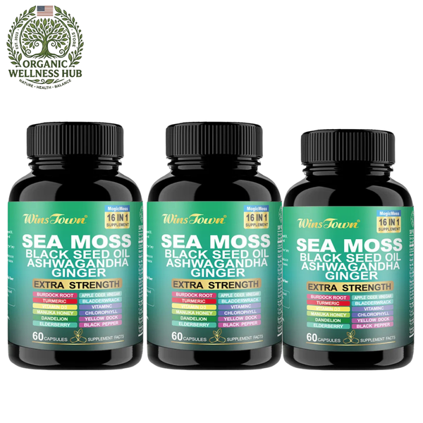 3 Pack WinsTown Sea Moss 16-in-1 Supplement – Black Seed Oil, Ashwagandha, Ginger, Burdock Root, Turmeric & More | 3 x 60 Capsules | 180 Caps Total | Extra Strength 102+ Minerals