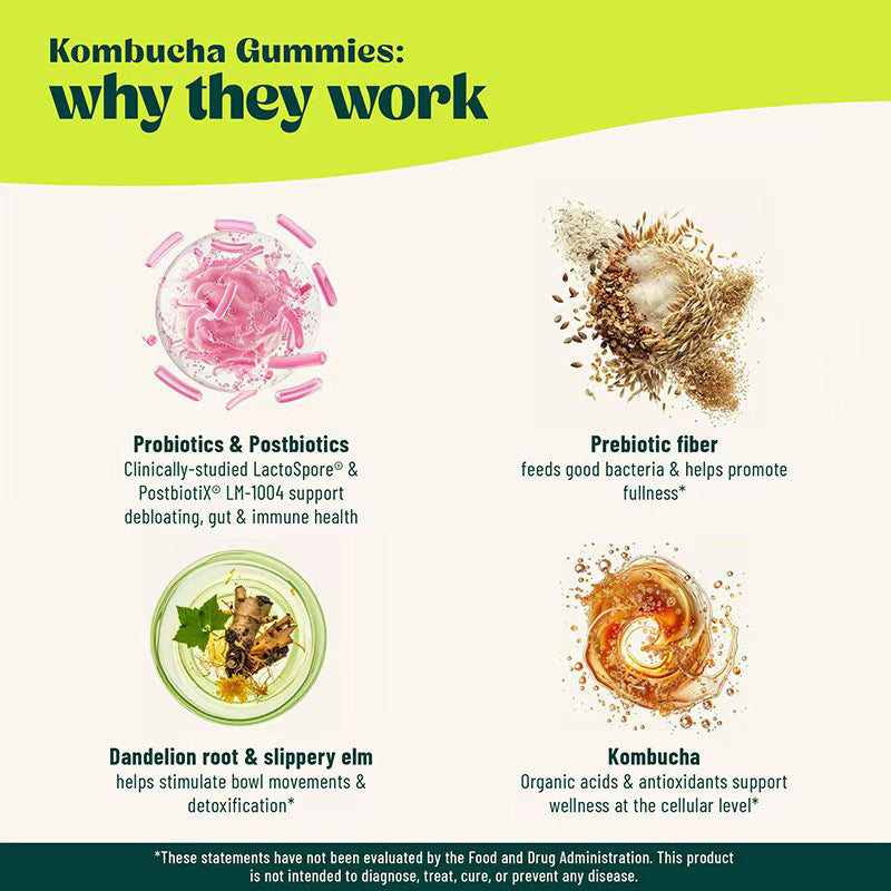 Probiotic Kombucha Gummies | Bloating Relief, Gut Health & Digestion Support | Prebiotic + Postbiotic | Berry Bliss | 30 Count