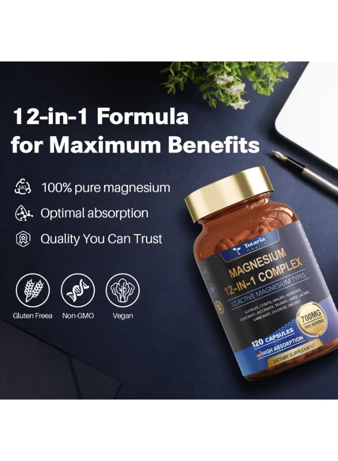 Totaria Health Magnesium 12-in-1 Complex 700mg – 120 Capsules High Absorption Magnesium Supplement | Organic Wellness Hub