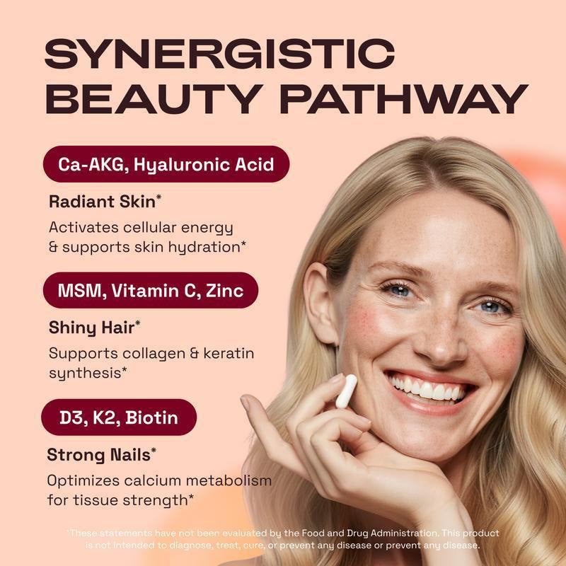 Skin Hair Nails Vitamins 1440mg | CA AKG, Biotin 5000mcg, MSM, Hyaluronic Acid, Vitamin C | 90 Capsules