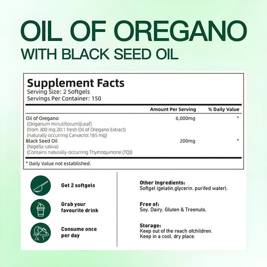 Oil of Oregano 6000mg with Black Seed Oil -Ultra High Carvacrol & Thymoquinone | 300 Softgels | Gluten-Free, Dairy-Free, Lab Tested | Organic Wellness Hub