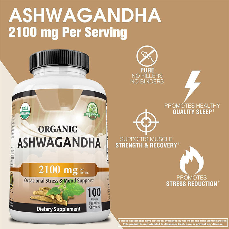 Organic Ashwagandha 2100mg Capsules - Stress, Mood & Daily Wellness Support | 100 Capsules | Organic Wellness Hub