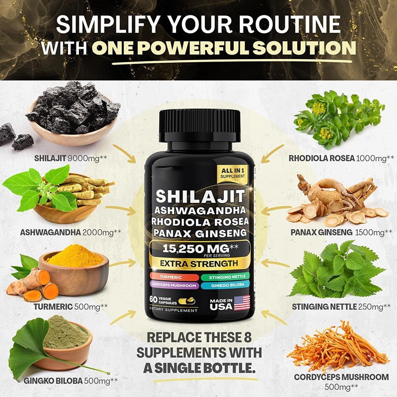 Shilajit Ashwagandha 8-in-1 Supplement 15,250mg | 60 Veggie Caps | Organic Wellness Hub