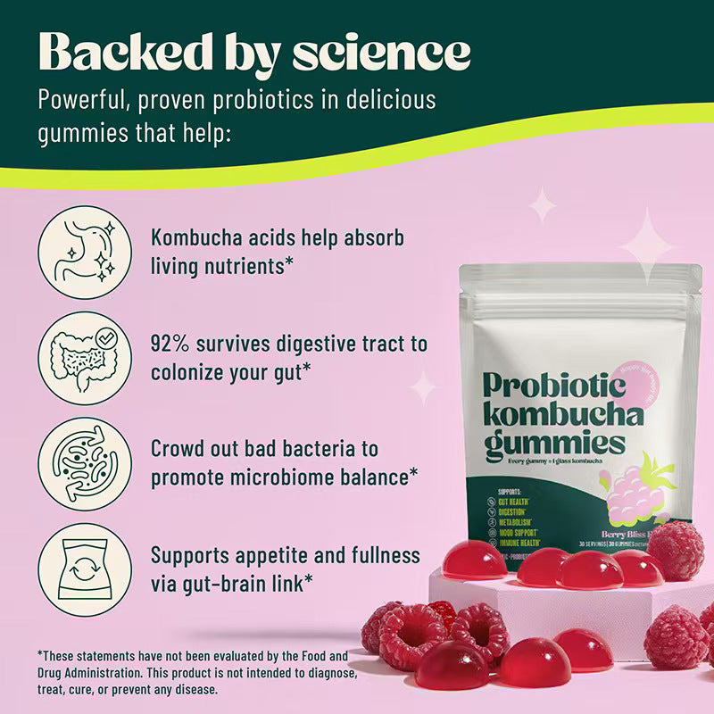 Probiotic Kombucha Gummies | Bloating Relief, Gut Health & Digestion Support | Prebiotic + Postbiotic | Berry Bliss | 30 Count