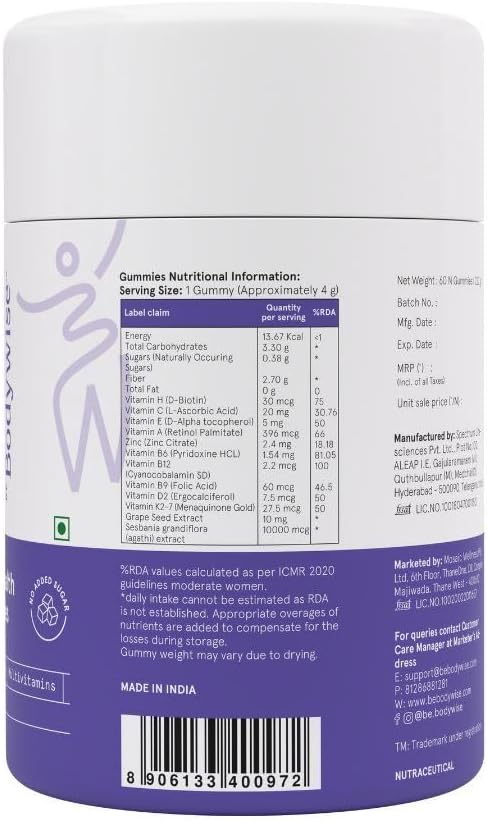 Be Bodywise Hair Health Gummies - Biotin, Multivitamins & Zinc for Hair Growth & Fall Control | No Added Sugar | 60 Gummies | Organic Wellness Hub