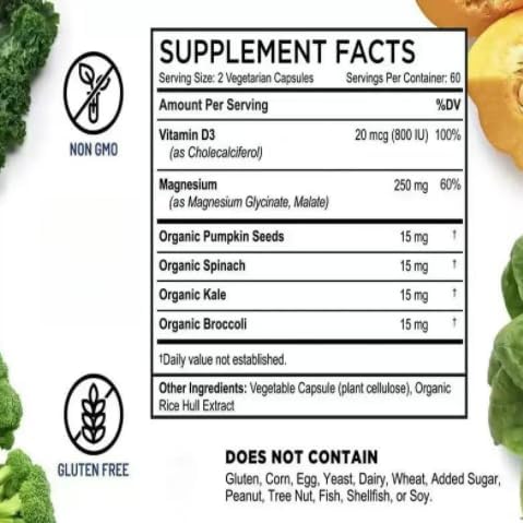 Magnesium Glycinate + Malate with Vitamin D3, Veggies & Seeds | Max Absorption | 90 Veggie Caps | Organic Wellness Hub