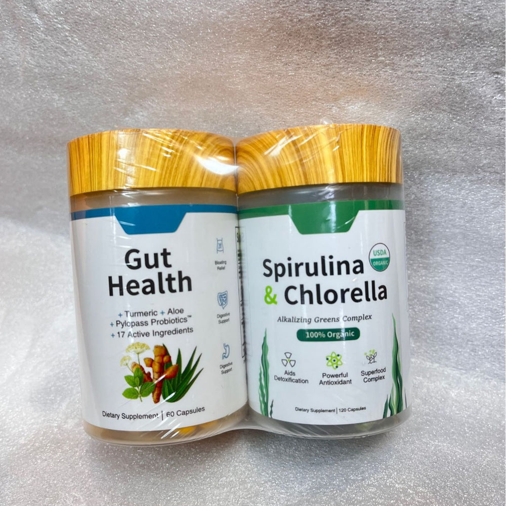 Gut Health + Spirulina & Chlorella Combo Bundle | 60 + 120 Capsules | Turmeric, Probiotics, USDA Organic Greens | Organic Wellness Hub