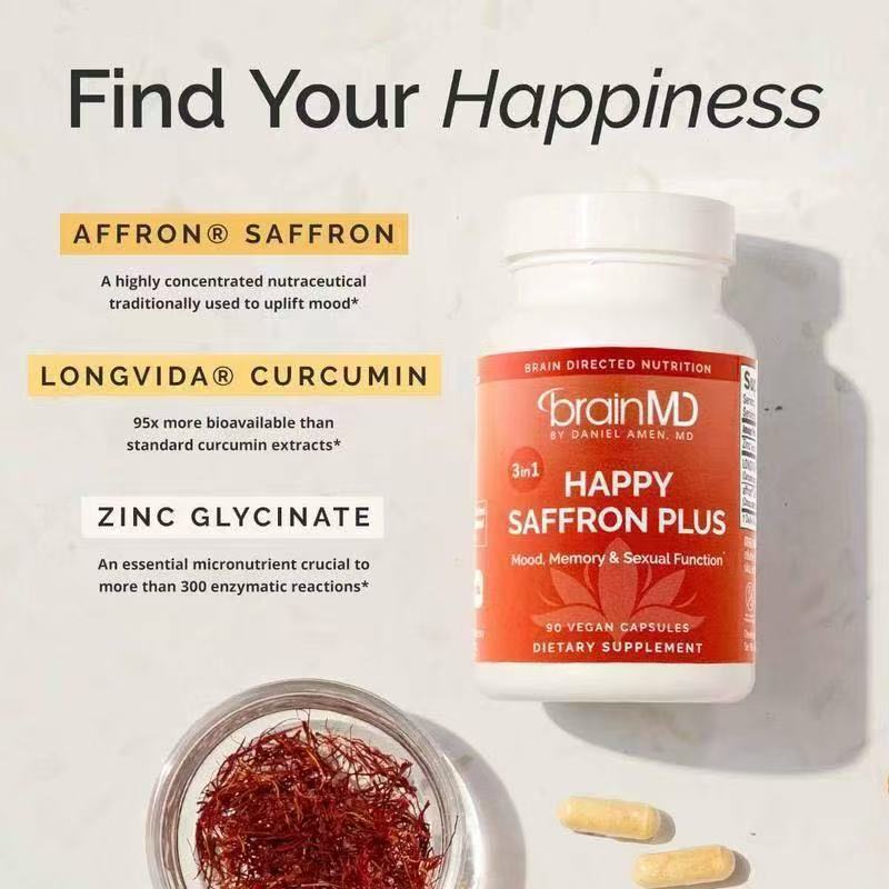 BrainMD Happy Saffron Plus | 3-in-1 Mood, Memory & Sexual Function | 90 Vegan Capsules | Lab Tested | Organic Wellness Hub