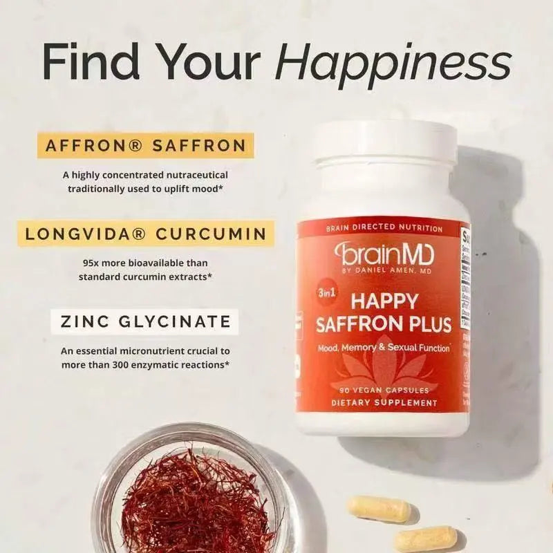 3-Pack BrainMD Happy Saffron Plus | 3-in-1 Mood, Memory & Sexual Function | 270 Vegan Capsules | Lab Tested | Organic Wellness Hub