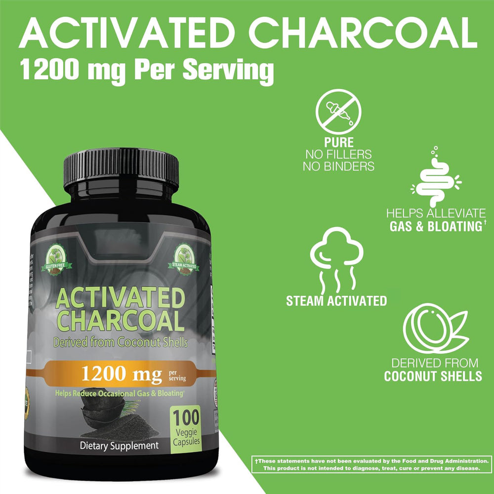 Activated Charcoal 1200mg Capsules - Coconut Shell Derived Digestive Support Supplement | 100 Veggie Capsules | Organic Wellness Hub