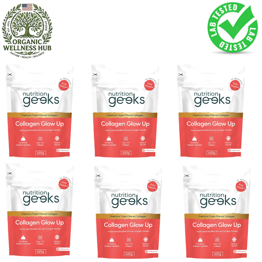6-Pack Collagen Glow Up Powder | 14,000mg Hydrolysed Brazilian Bovine Collagen Peptides | Type 1 & 3 | Lab Tested | 6 x 420g | Organic Wellness Hub