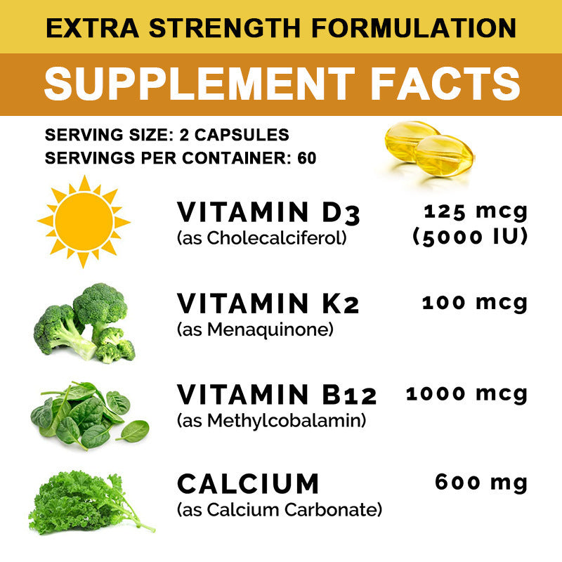 Calcium D3 K2 B12 High Potency 600mg Softgel Capsules 120 Count - Bone, Teeth & Immune Support Supplement | Organic Wellness Hub
