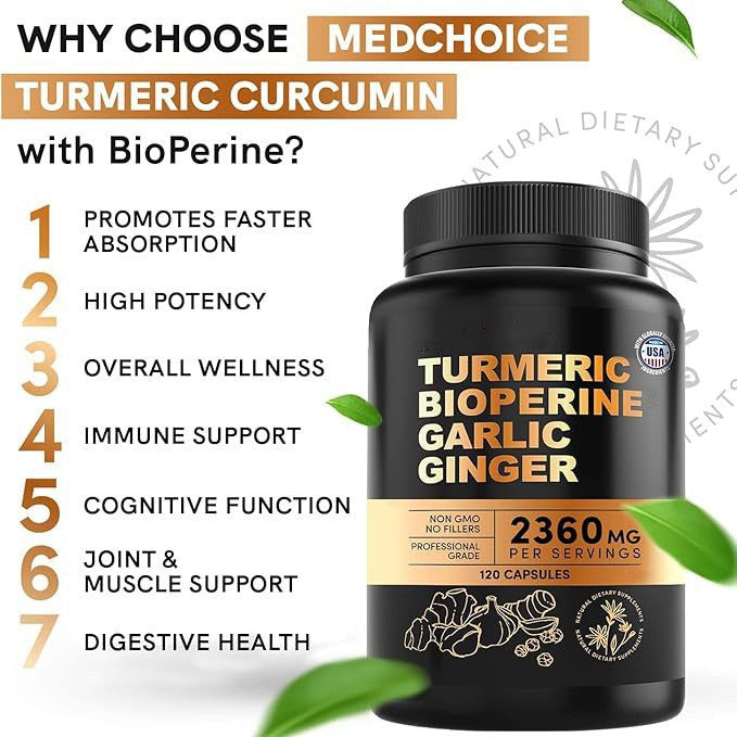Turmeric Bioperine Garlic Ginger Supplement | 2360mg | 120 Capsules | Non-GMO | No Fillers | Organic Wellness Hub