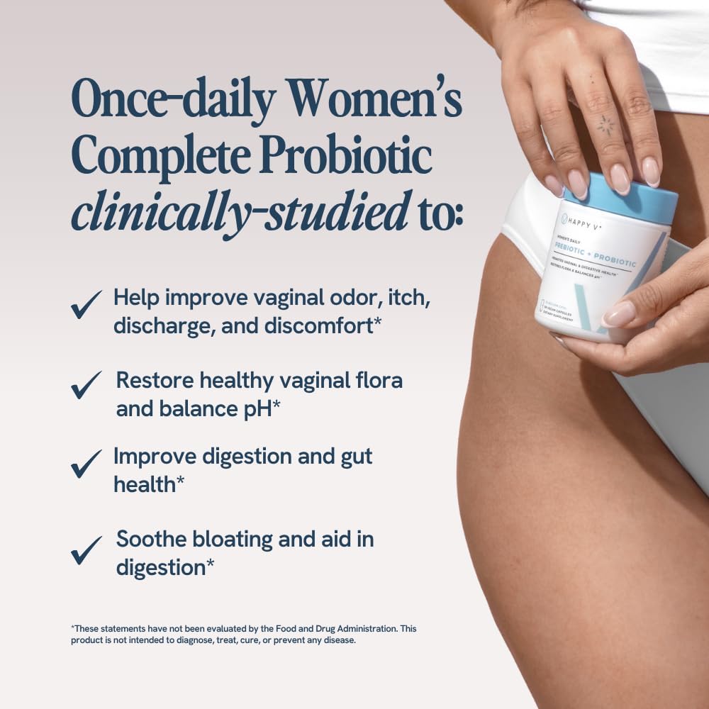 Happy V Women's Daily Prebiotic + Probiotic 3-Pack | 20 Billion CFUs | Vaginal & Gut Health | pH Balance | 180 Vegan Capsules | 6-Month Supply