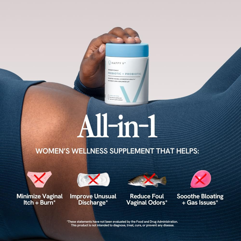 Happy V Women's Daily Prebiotic + Probiotic 3-Pack | 20 Billion CFUs | Vaginal & Gut Health | pH Balance | 180 Vegan Capsules | 6-Month Supply