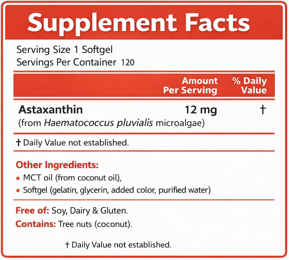 Stakrive Astaxanthin 12mg Softgels | Made with MCT Oil | Algae-Sourced Antioxidant Supplement | 120 Count | Lab Tested | Organic Wellness Hub