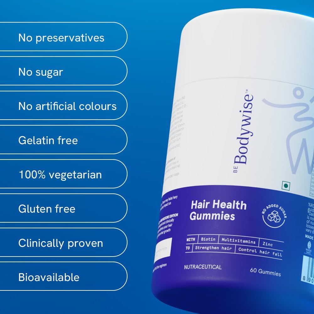 Be Bodywise Hair Health Gummies - Biotin, Multivitamins & Zinc for Hair Growth & Fall Control | No Added Sugar | 60 Gummies | Organic Wellness Hub