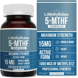3-Pack L-Methylfolate 5-MTHF 15mg + Methyl B12 | Maximum Strength Active Folate | Brain, Mood & Heart Support | Lab Tested | Organic Wellness Hub