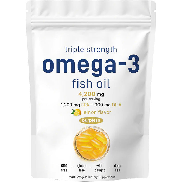 Triple Strength Omega-3 Fish Oil 4200mg | 1200mg EPA + 900mg DHA | Lemon Flavor Burpless Softgels 240 | Organic Wellness Hub