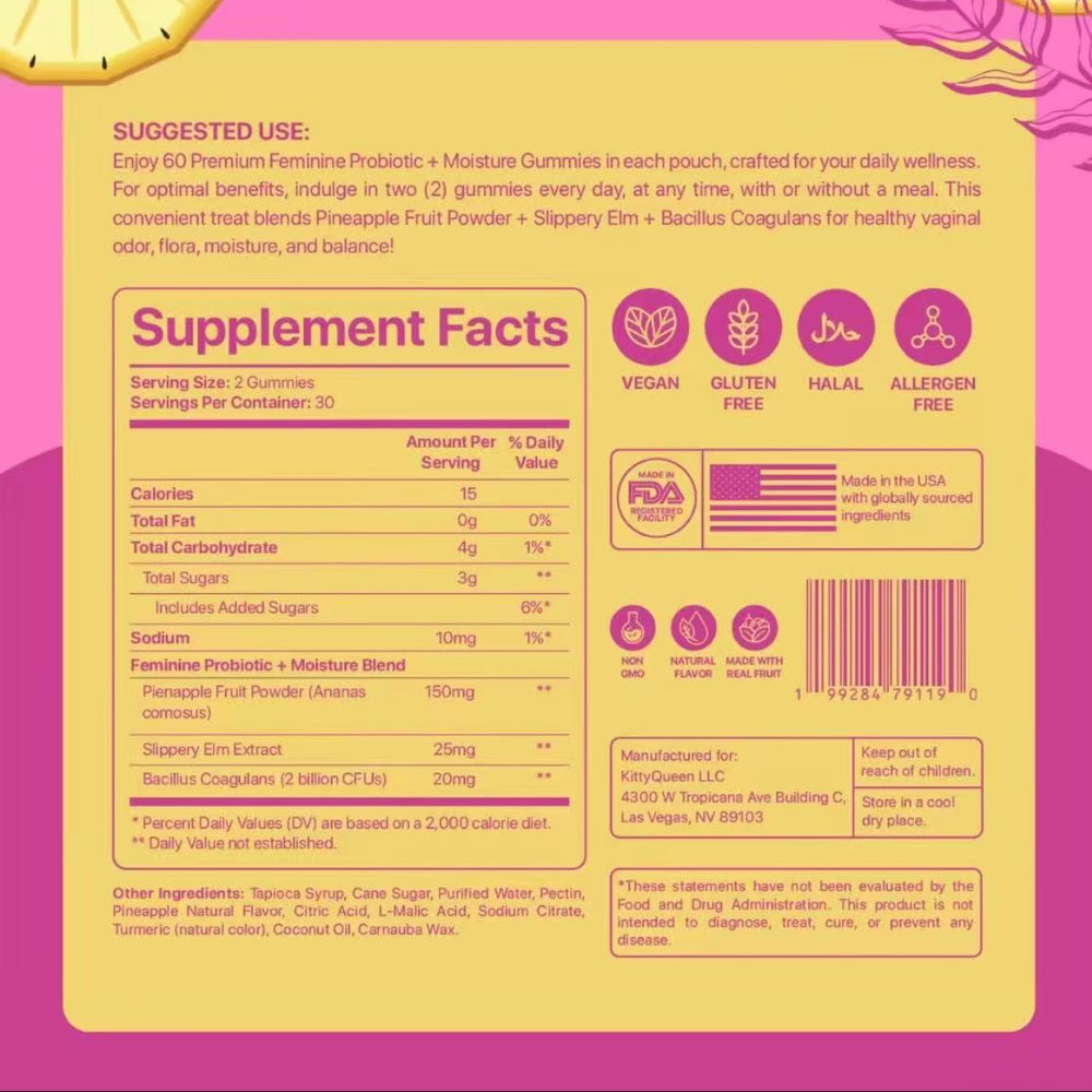 Slippery Kitty Feminine Probiotic + Moisture Gummies | pH Balance, Odor Control & Vaginal Flora Support | Slippery Elm | 30 Gummies - Organic Wellness Hub