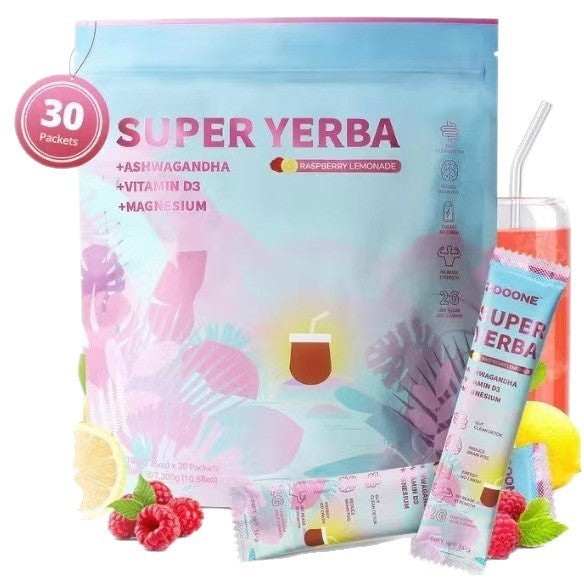 BOOONE Super Yerba Mate Drink Mix - Raspberry Lemonade | Ashwagandha, Vitamin D3 & Magnesium | Low Sugar Energy | 30 Single-Serve Packets | Natural Focus & Vitality Boost