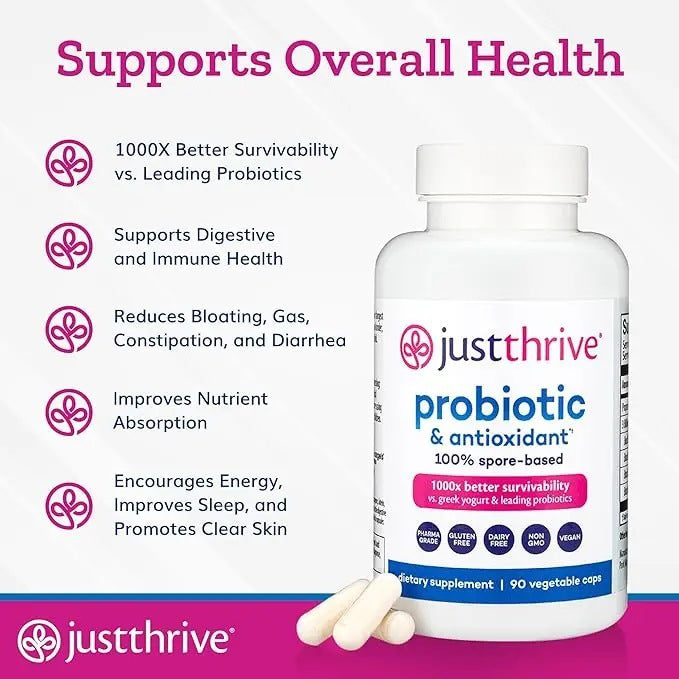 Just Thrive Probiotic & Antioxidant -100% Spore-Based | 1000x Better Survivability | Gut Health, Immune Support | 90 Veggie Caps