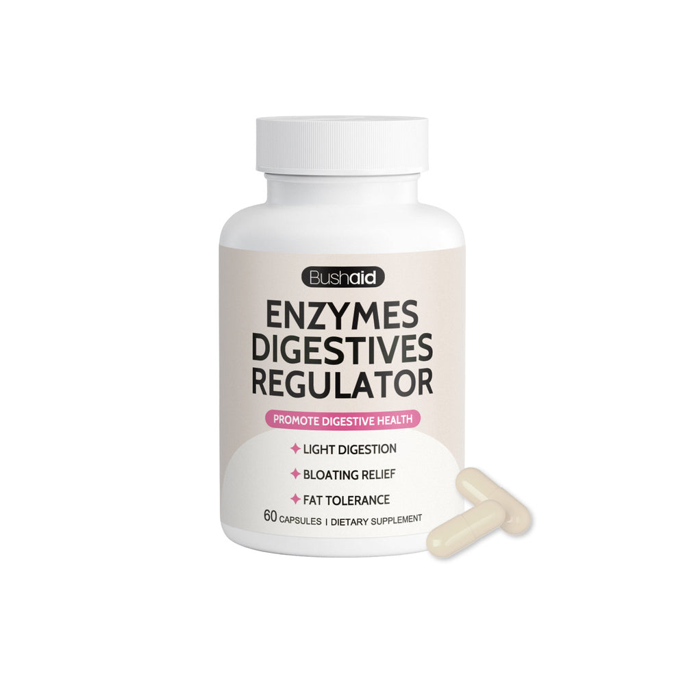 Bushaid Enzymes Digestives Regulator - Natural Digestive Support Supplement | Bloating Relief, Fat Tolerance & Light Digestion | 60 Capsules | Organic Wellness Hub