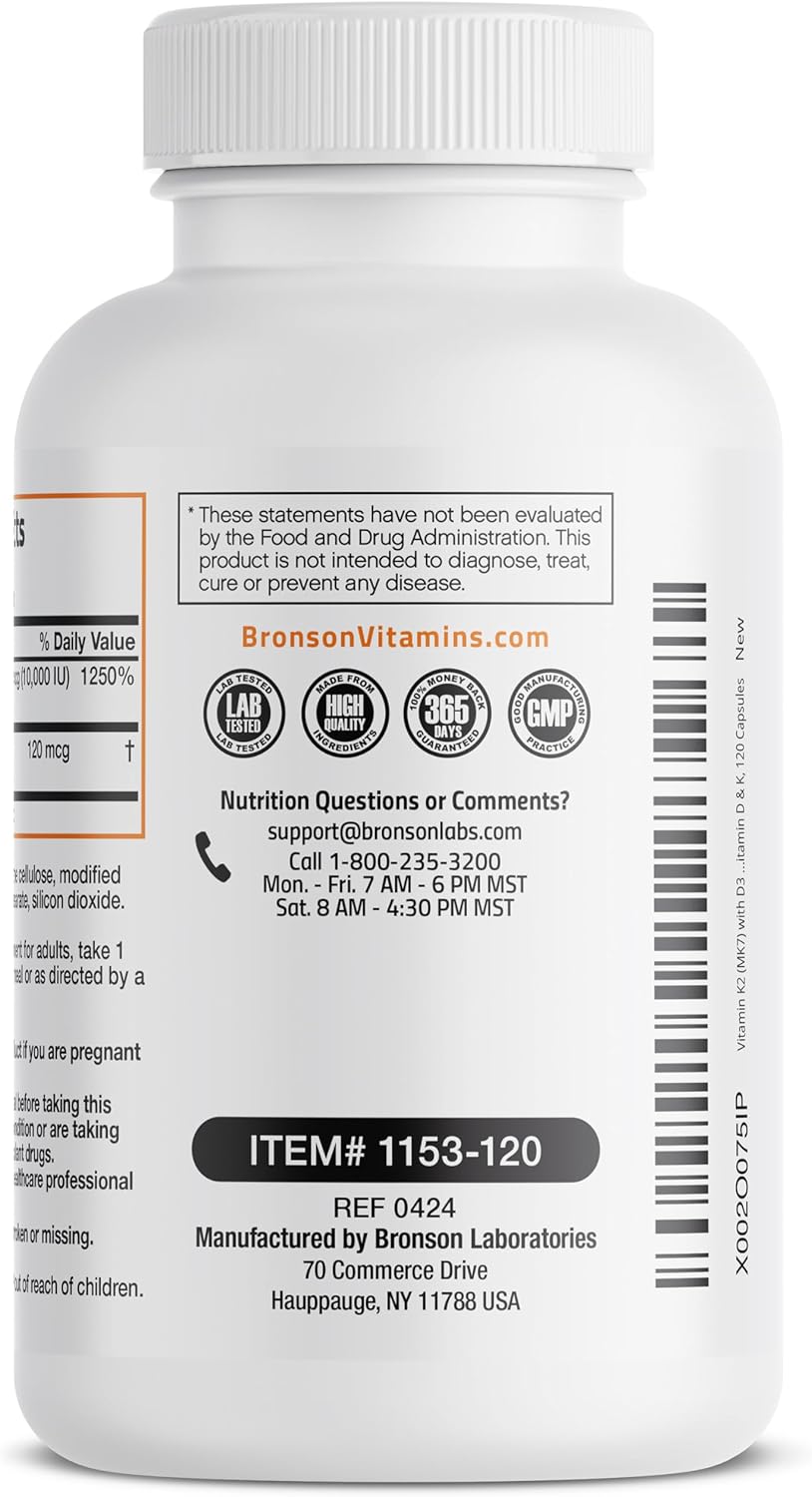 Bronson Vitamin K2 + D3 Extra Strength 120 Capsules – Bone, Heart & Immune Support | Organic Wellness Hub
