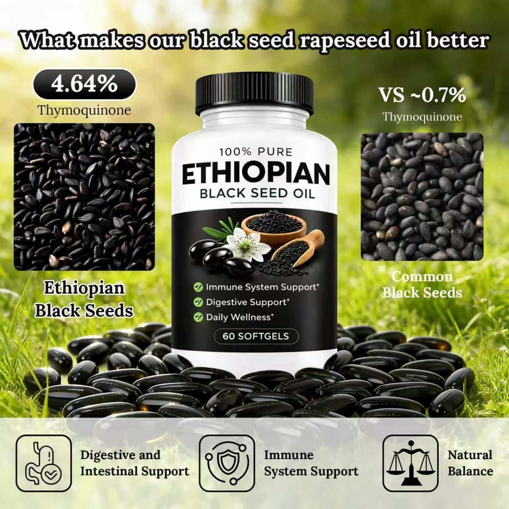 Ethiopian Black Seed Oil 100% Pure Softgels - 60 Softgels | Natural Balance, Immune & Gut Support | Lab Tested | Organic Wellness Hub