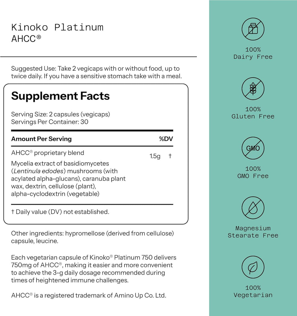 Quality of Life Kinoko Platinum AHCC Immune Support 60 Vegicaps | Lab Tested Immune Health Supplement | Organic Wellness Hub
