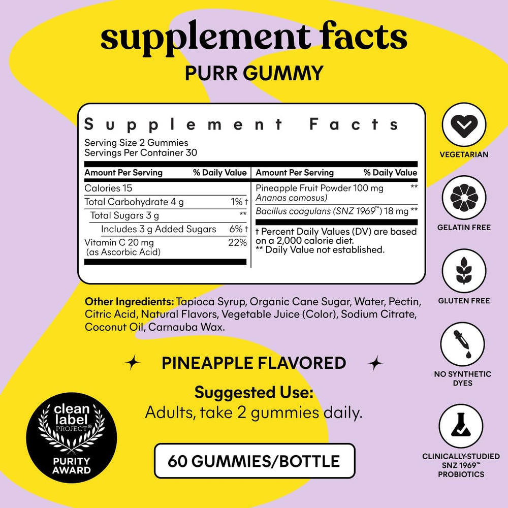 Lemme Purr Vaginal Probiotic Gummies | Pineapple & Vitamin C | Clinically-Studied | 60 Gummies