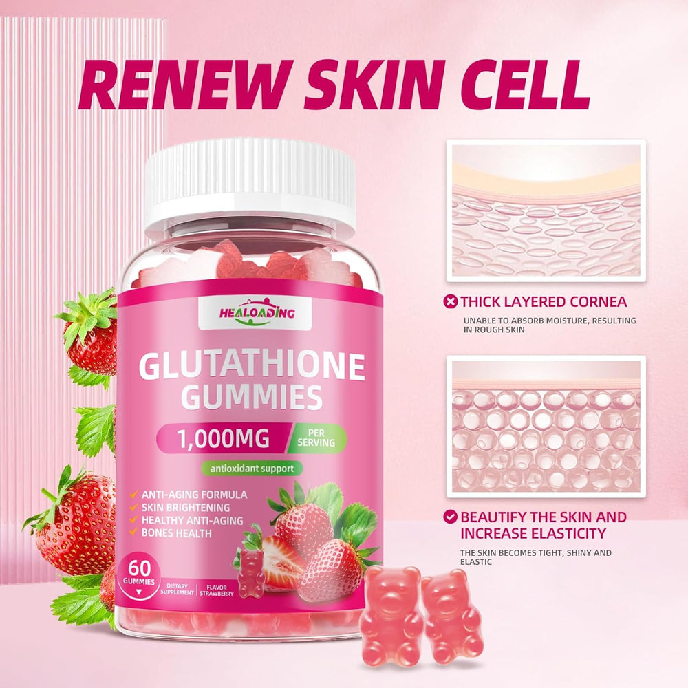 Healoading Glutathione Gummies 1000mg | Antioxidant Skin Brightening Anti-Aging & Bone Health | Strawberry Flavor | 60 Gummies | Organic Wellness Hub