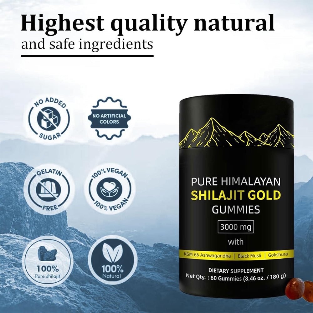 Pure Himalayan Shilajit Gold Gummies 3-Pack | 3000mg | 180 Gummies | 90-Day Supply | KSM-66 Ashwagandha, Black Musli & Gokshura | Lab Tested | Organic Wellness Hub