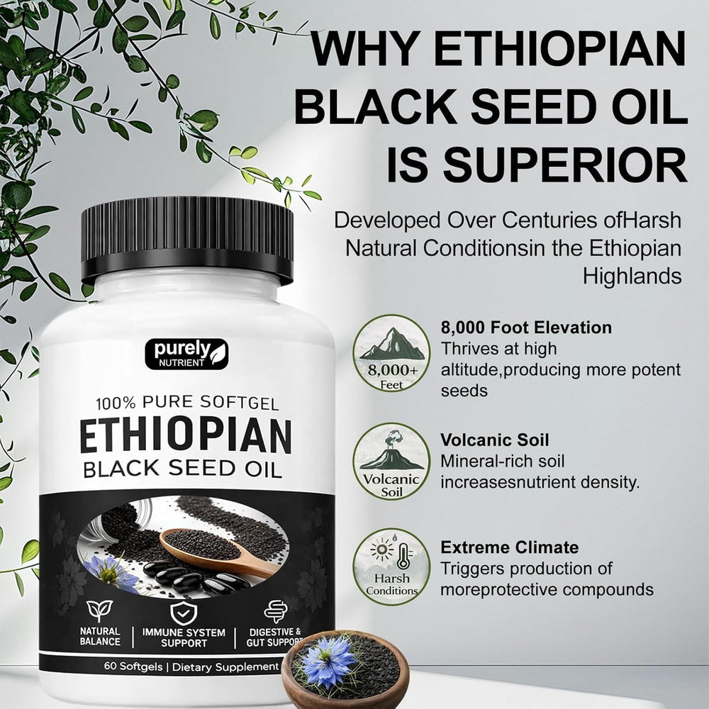 Ethiopian Black Seed Oil 100% Pure Softgels - 60 Softgels | Natural Balance, Immune & Gut Support | Lab Tested | Organic Wellness Hub