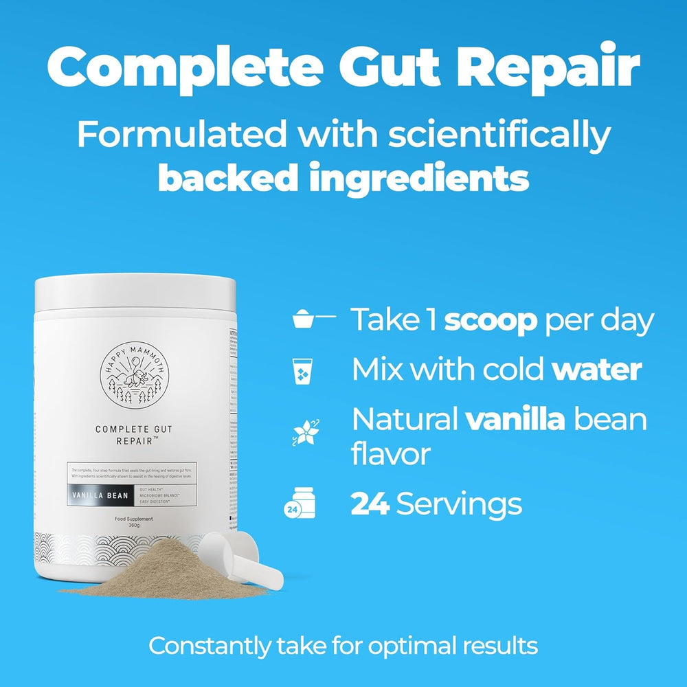 Happy Mammoth Complete Gut Repair - Vanilla Bean | Gut Health Supplement | Leaky Gut, Microbiome Balance & Easy Digestion | Lab Tested | 360g | Organic Wellness Hub