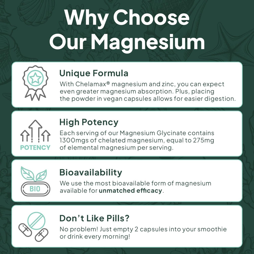 Ocean Organics Pure Magnesium Glycinate + Low Dose Zinc | Chelated Chelamax for Sleep, Muscle Cramps, Heart & Digestion – 90 Capsules | Organic Wellness Hub