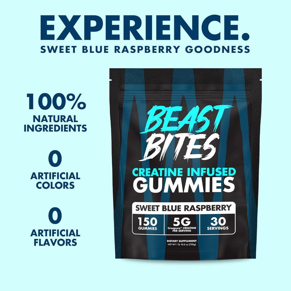 Beast Bites Creatine Infused Gummies — 5g Creapure® Per Serving | 150 Gummies | Sweet Blue Raspberry | Organic Wellness Hub