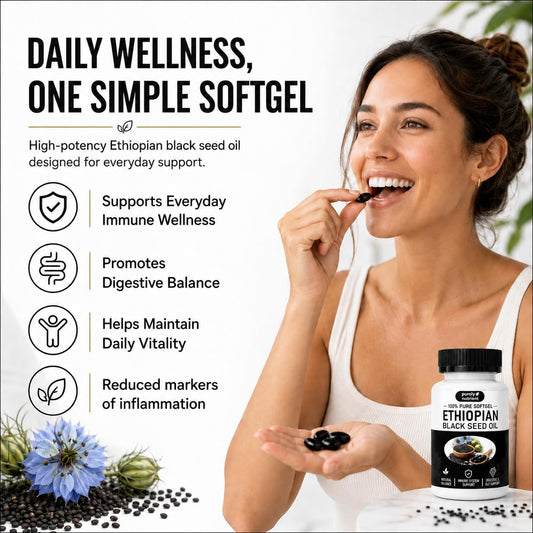 Purely Nutrient Ethiopian Black Seed Oil Softgels | 100% Pure Nigella Sativa | Thymoquinone