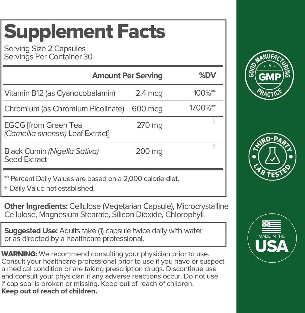 MOTO Metabolism Vitamin Capsules | Green Tea Extract, Chromium, Black Cumin Seed & B12 | 60 Vegan Capsules | Lab Tested Metabolism Booster | Organic Wellness Hub