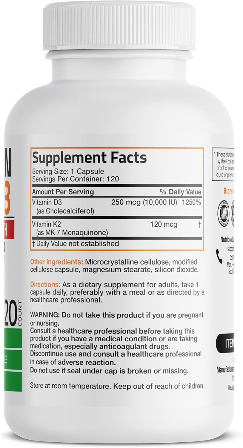 Bronson Vitamin K2 + D3 Extra Strength 120 Capsules – Bone, Heart & Immune Support | Organic Wellness Hub