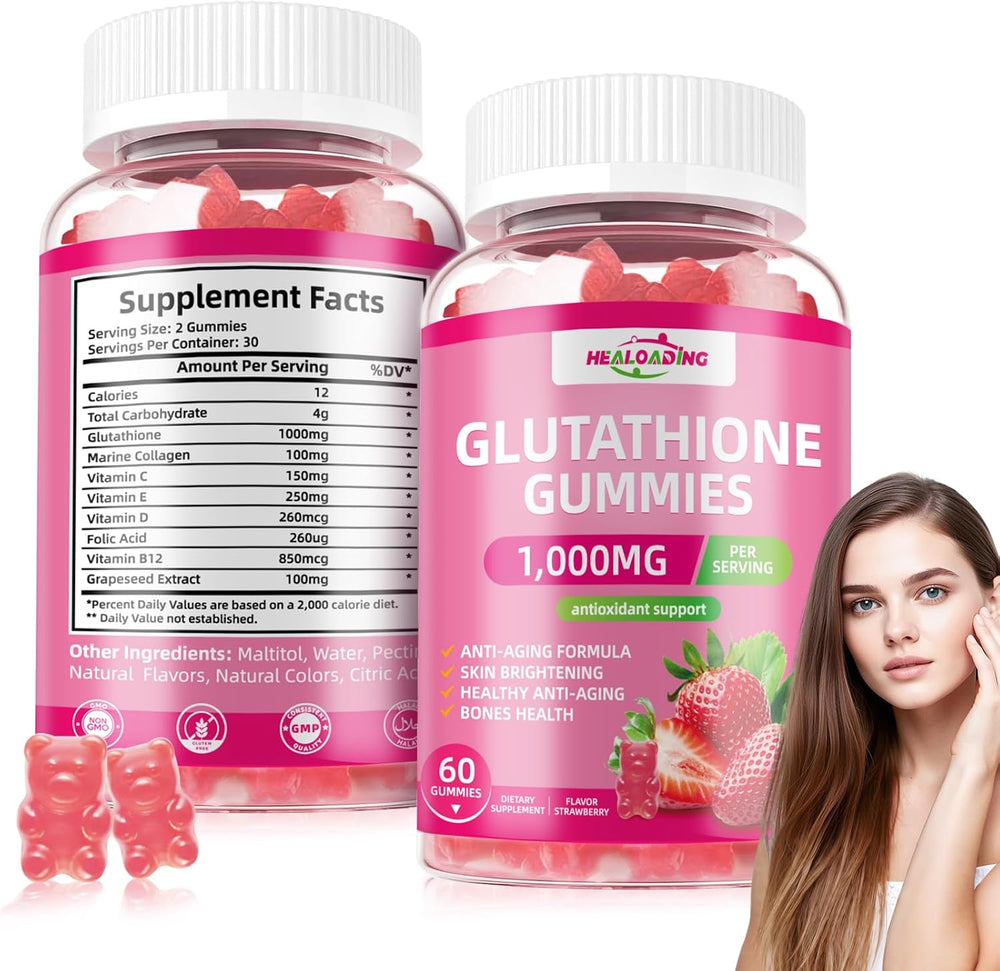 Healoading Glutathione Gummies 1000mg | Antioxidant Skin Brightening Anti-Aging & Bone Health | Strawberry Flavor | 60 Gummies | Organic Wellness Hub