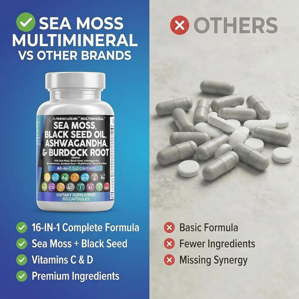 Sea Moss Black Seed Oil Ashwagandha Burdock Root Supplement | 60 Capsules | All-in-1 MultiMineral™ Blend | Irish Sea Moss, Bladderwrack, Turmeric, Elderberry, Chlorophyll & More | Immune, Energy & Thyroid Support