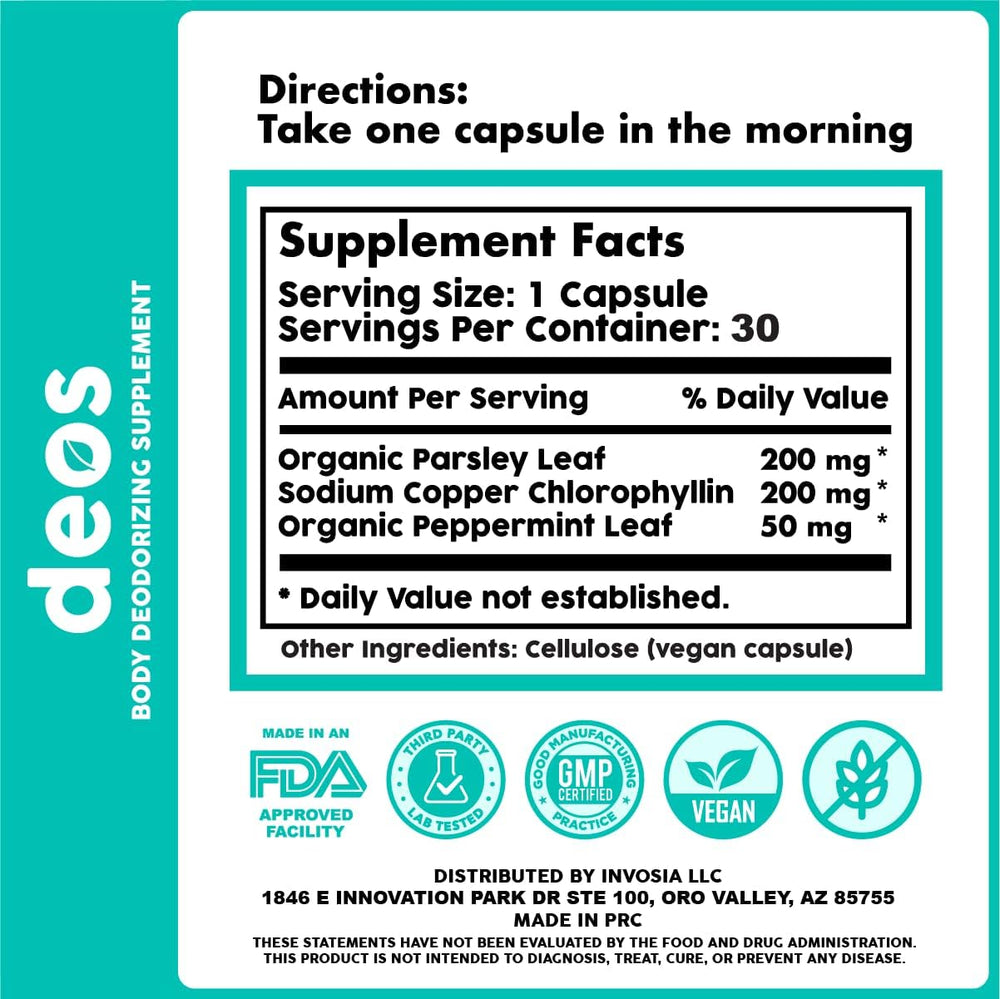 DEOS Body Deodorizing Supplement | Natural Internal Deodorant Capsules | Fresh Underarms, Breath & Body Odour | 30 Capsules | Lab Tested | Organic Wellness Hub
