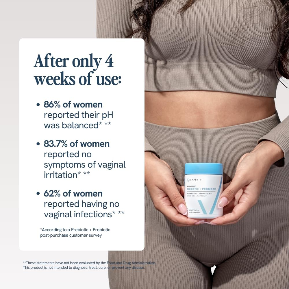 Happy V Women's Daily Prebiotic + Probiotic | 20 Billion CFUs | Vaginal & Digestive Health | pH Balance | 60 Vegan Capsules