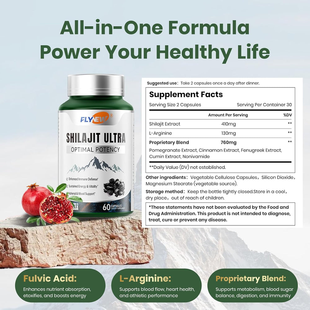 Flynew Shilajit Ultra Optimal Potency | Immune Defense, Energy & Adrenal Support | 60 Capsules | Made in USA | Lab Tested | Organic Wellness Hub
