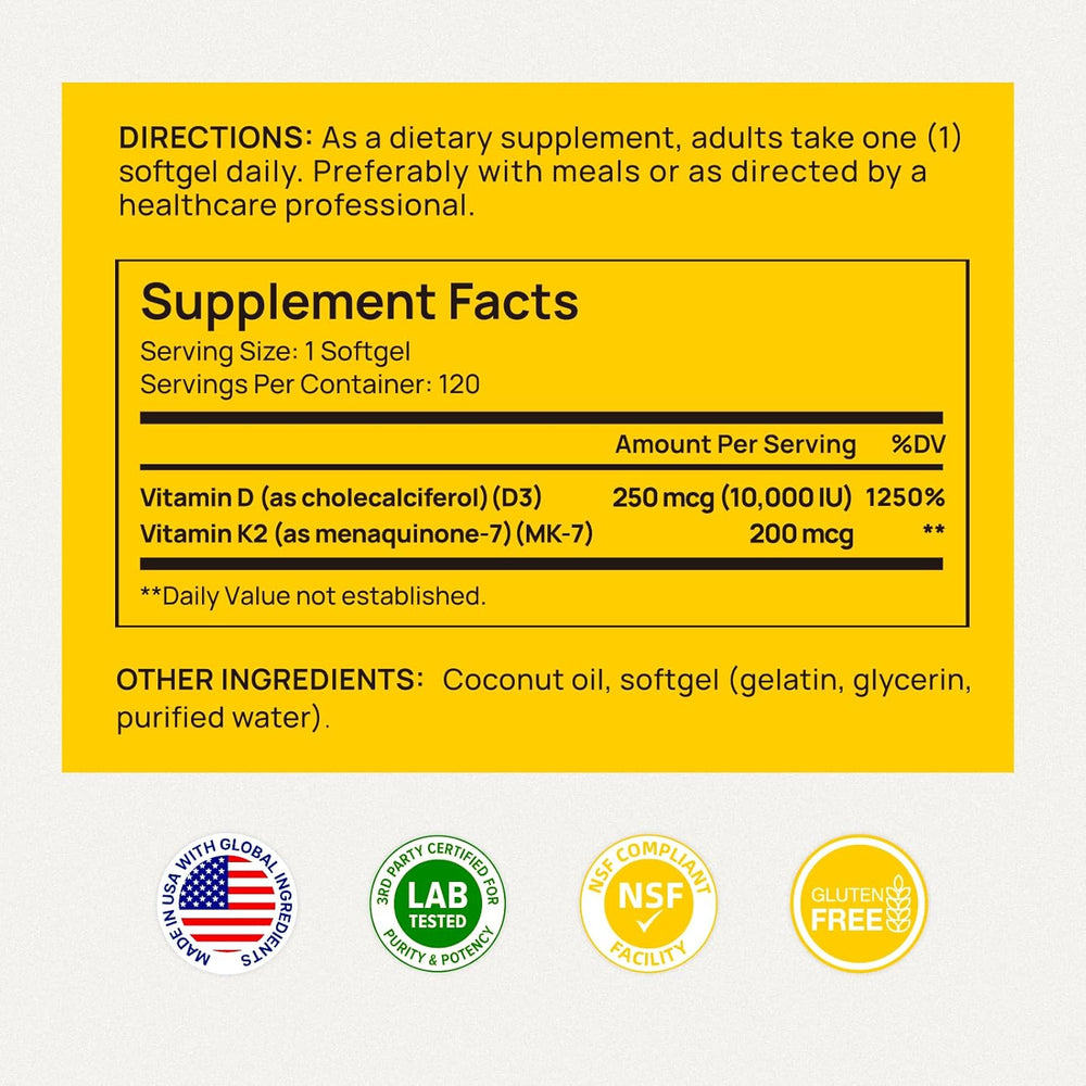 Selerb Vitamin D3 K2 Supplement — 10000 IU D3 + 200 mcg K2 MK7 with Coconut Oil | Bone Density, Immune Support | 120 Softgels