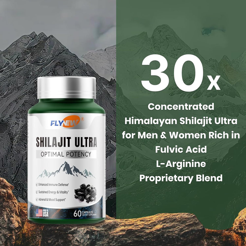Flynew Shilajit Ultra Optimal Potency | Immune Defense, Energy & Adrenal Support | 60 Capsules | Made in USA | Lab Tested | Organic Wellness Hub