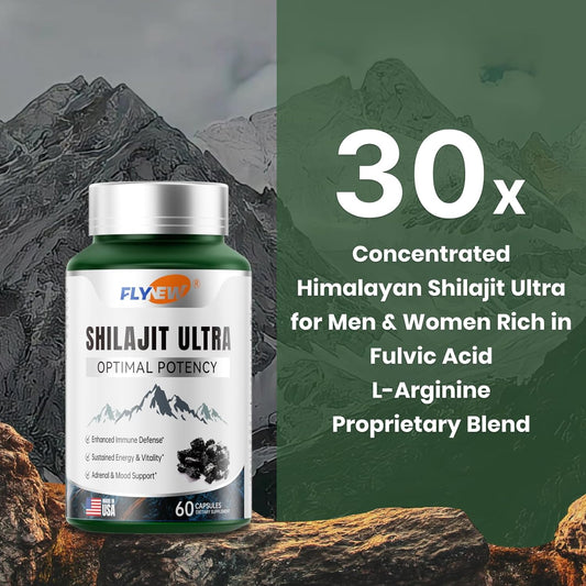 Flynew Shilajit Ultra Optimal Potency | Immune Defense, Energy & Adrenal Support | 60 Capsules | Made in USA | Lab Tested | Organic Wellness Hub